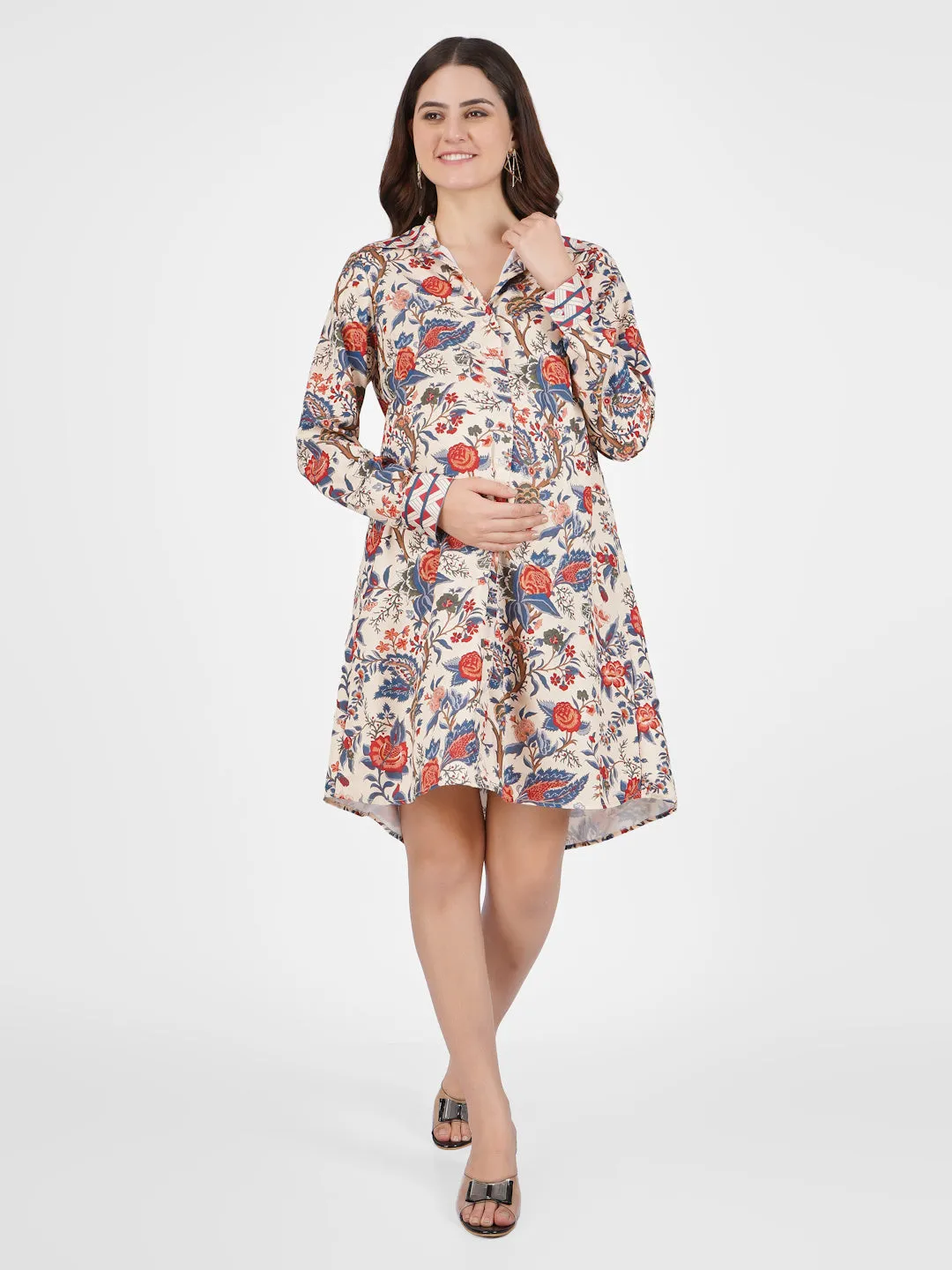 HINA - BEIGE FLORAL PRINTED SHIRT A-LINE MATERNITY DRESS