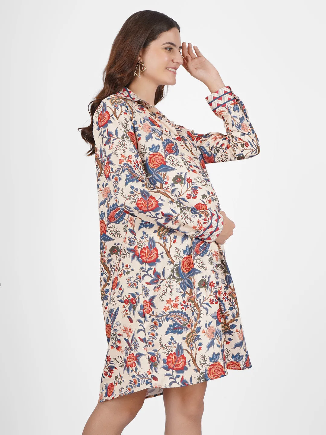 HINA - BEIGE FLORAL PRINTED SHIRT A-LINE MATERNITY DRESS