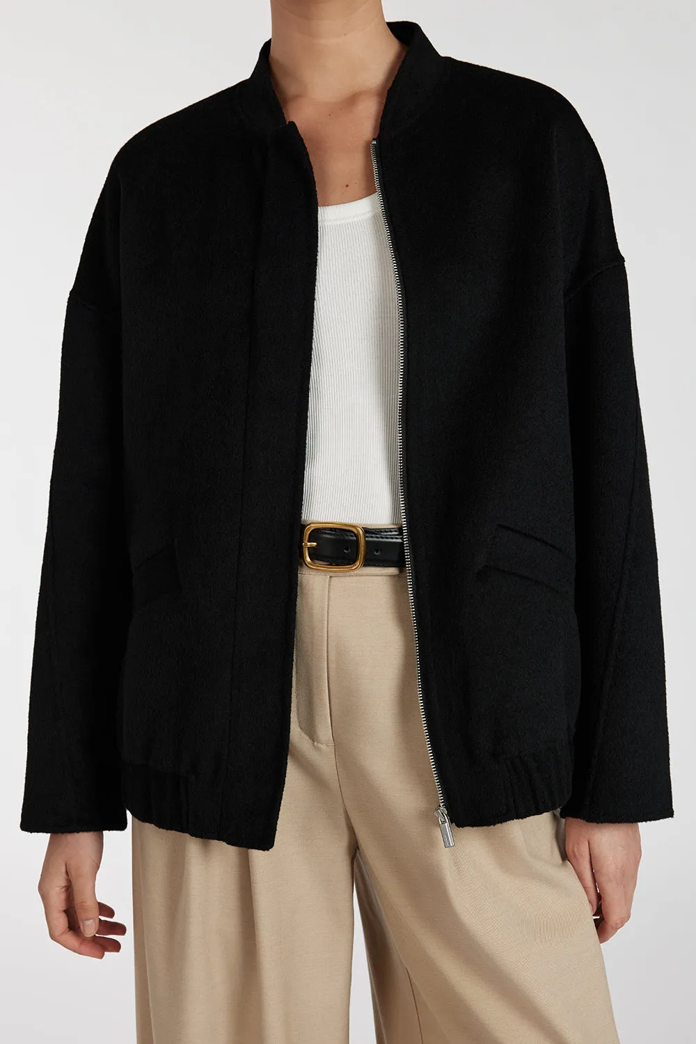 JERI BLACK WOOL BLEND BOMBER JACKET