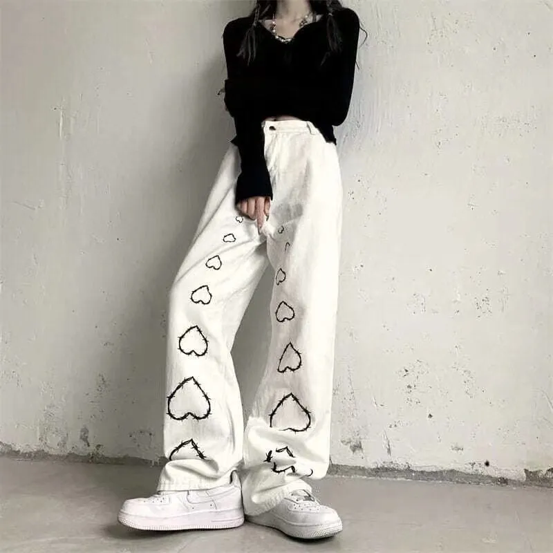 KittenAlarm - Mojoyce High Street Hot Girl Vintage Heart Print High Waist Straight Goth  Baggy Jeans Woman Y2K Clothes Wide Leg Denim Pants