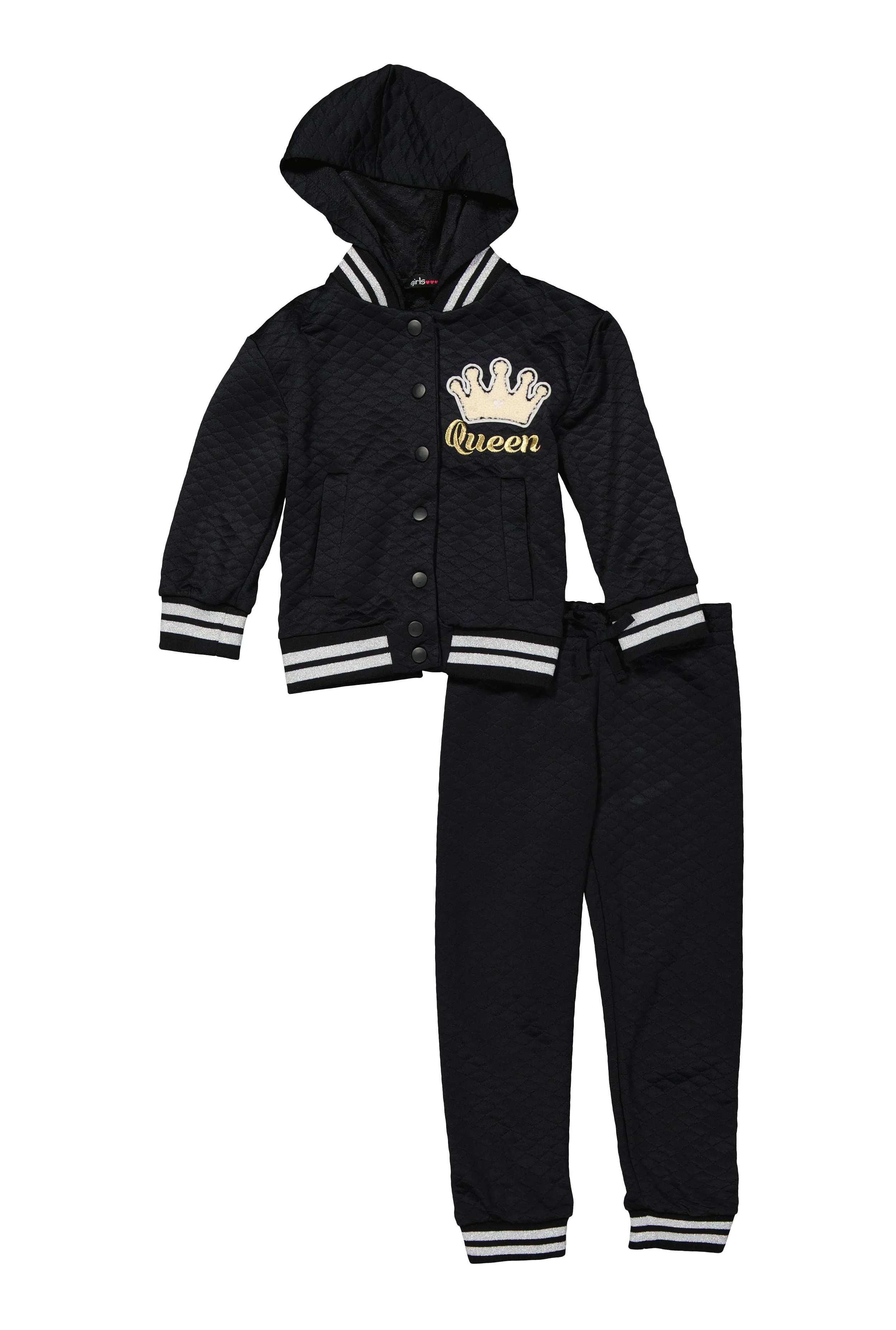 Little Girls Crown Chenille Patch Bomber Jacket and Joggers