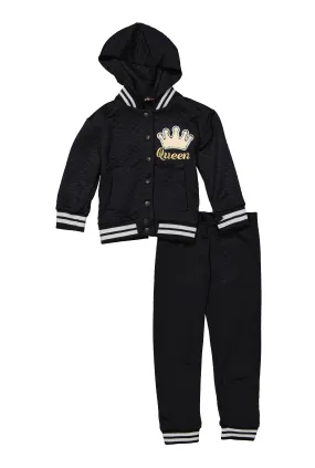 Little Girls Crown Chenille Patch Bomber Jacket and Joggers