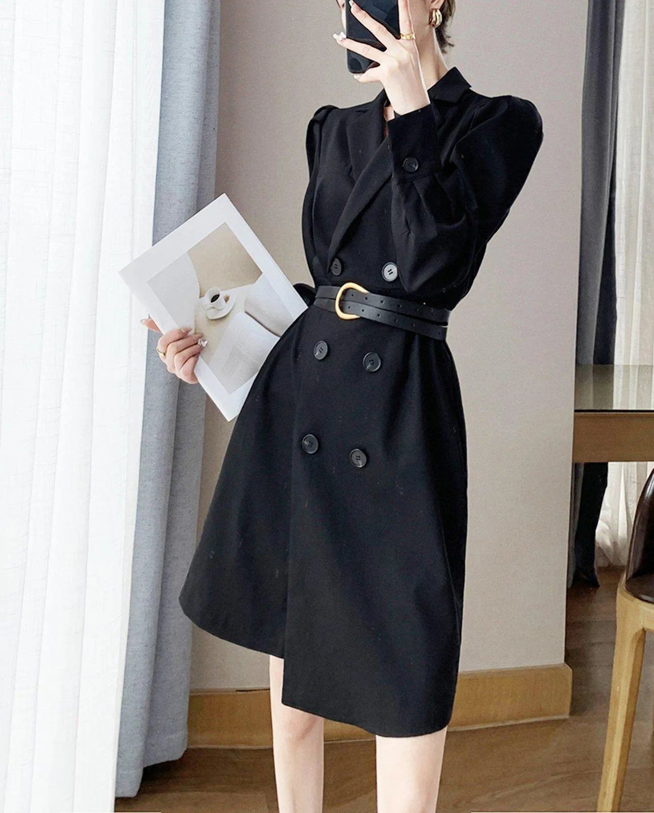 Long Sleeve Double Breasted Belted Black Blazer Dress