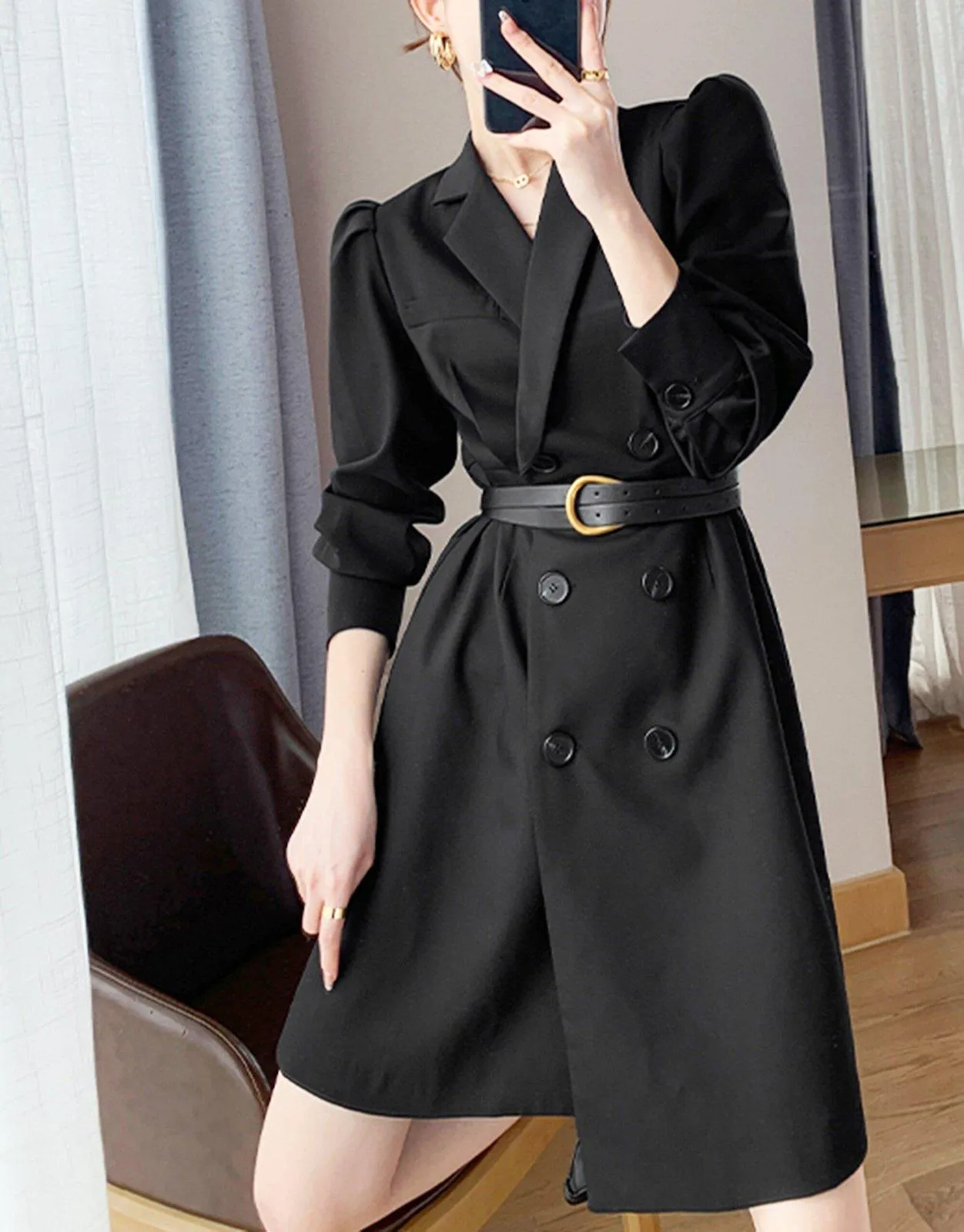 Long Sleeve Double Breasted Belted Black Blazer Dress