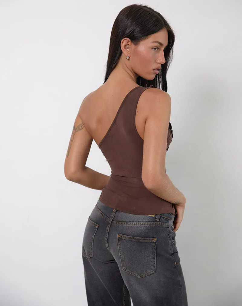 Marvela Ruched One Shoulder Top in Bitter Chocolate Brown