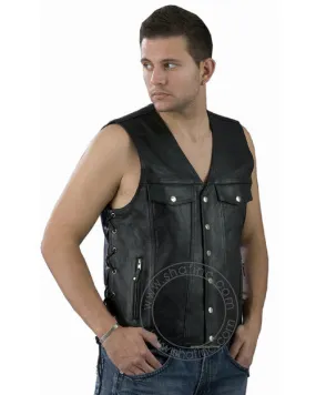 Men's Leather Vest with Chest Pockets Side Lace, Gun Pockets 1360 MV Leather