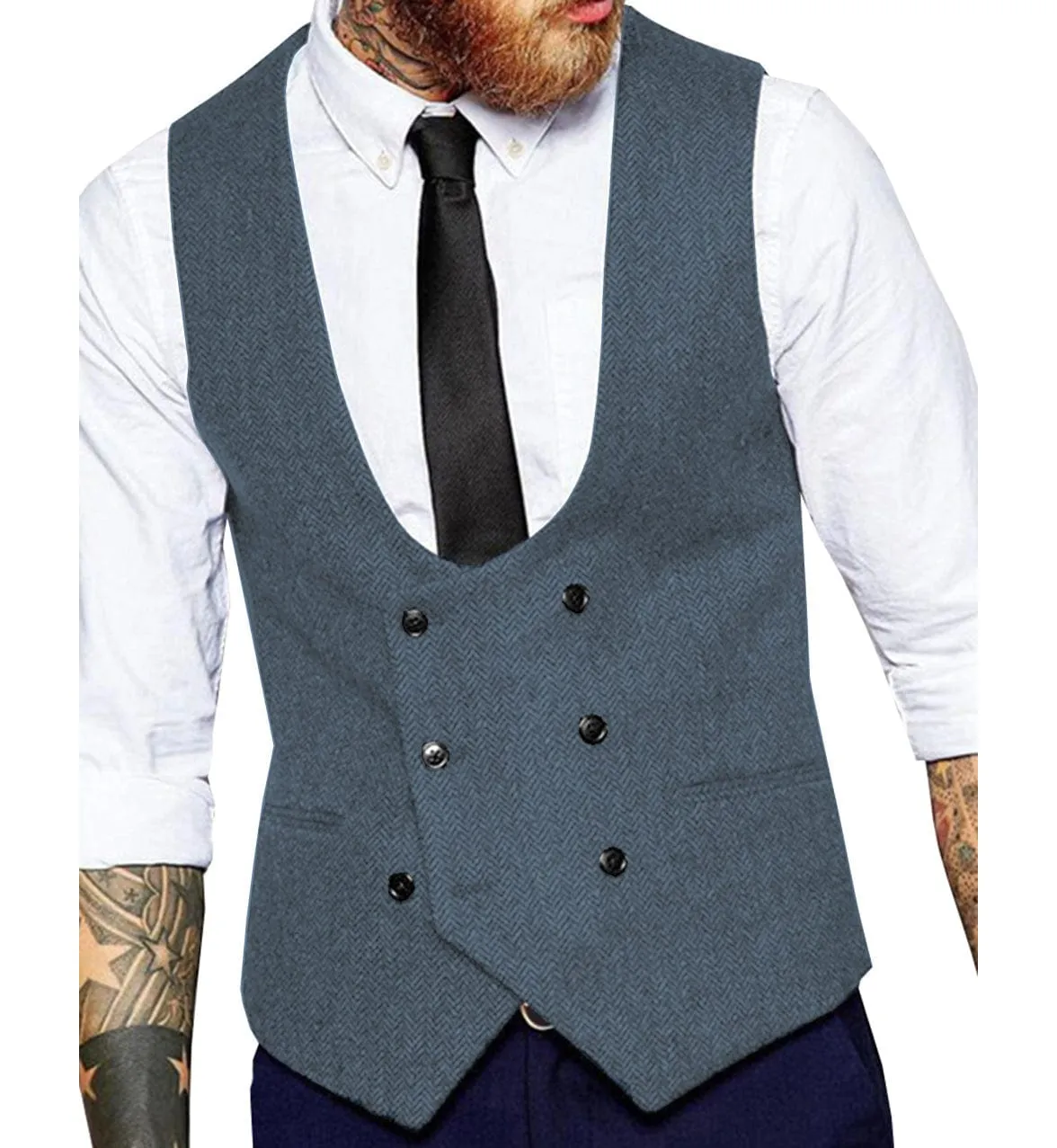 Men's Tweed Herringbone Double Breasted U Neck Waistcoat