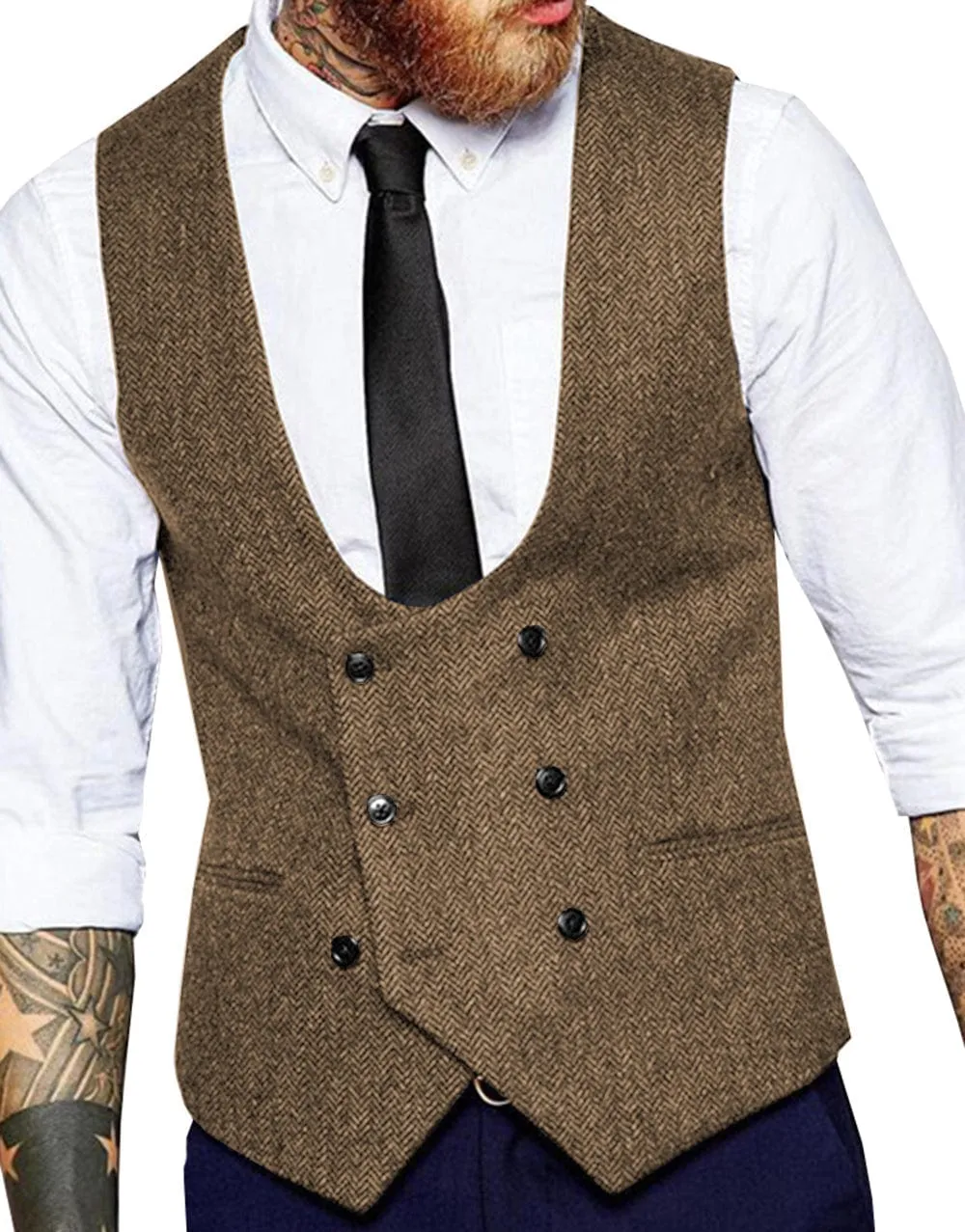 Men's Tweed Herringbone Double Breasted U Neck Waistcoat