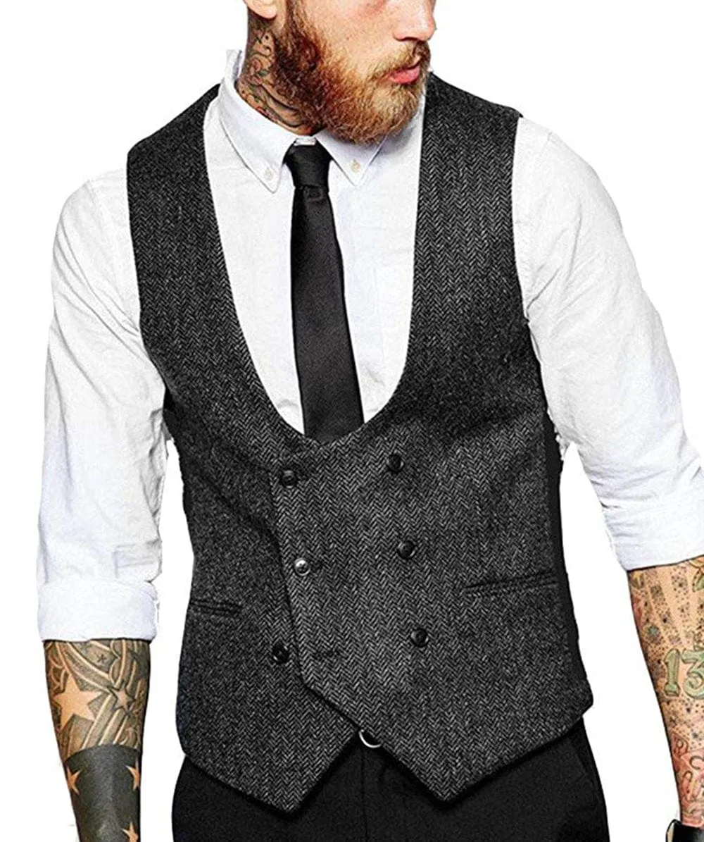 Men's Tweed Herringbone Double Breasted U Neck Waistcoat