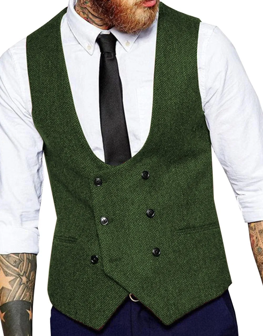 Men's Tweed Herringbone Double Breasted U Neck Waistcoat