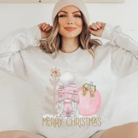 Merry Christmas Crewneck Sweatshirt Women's Pastel Pink Watercolor Gnome White or Ash Grey Cozy Gildan Christmas Pullover