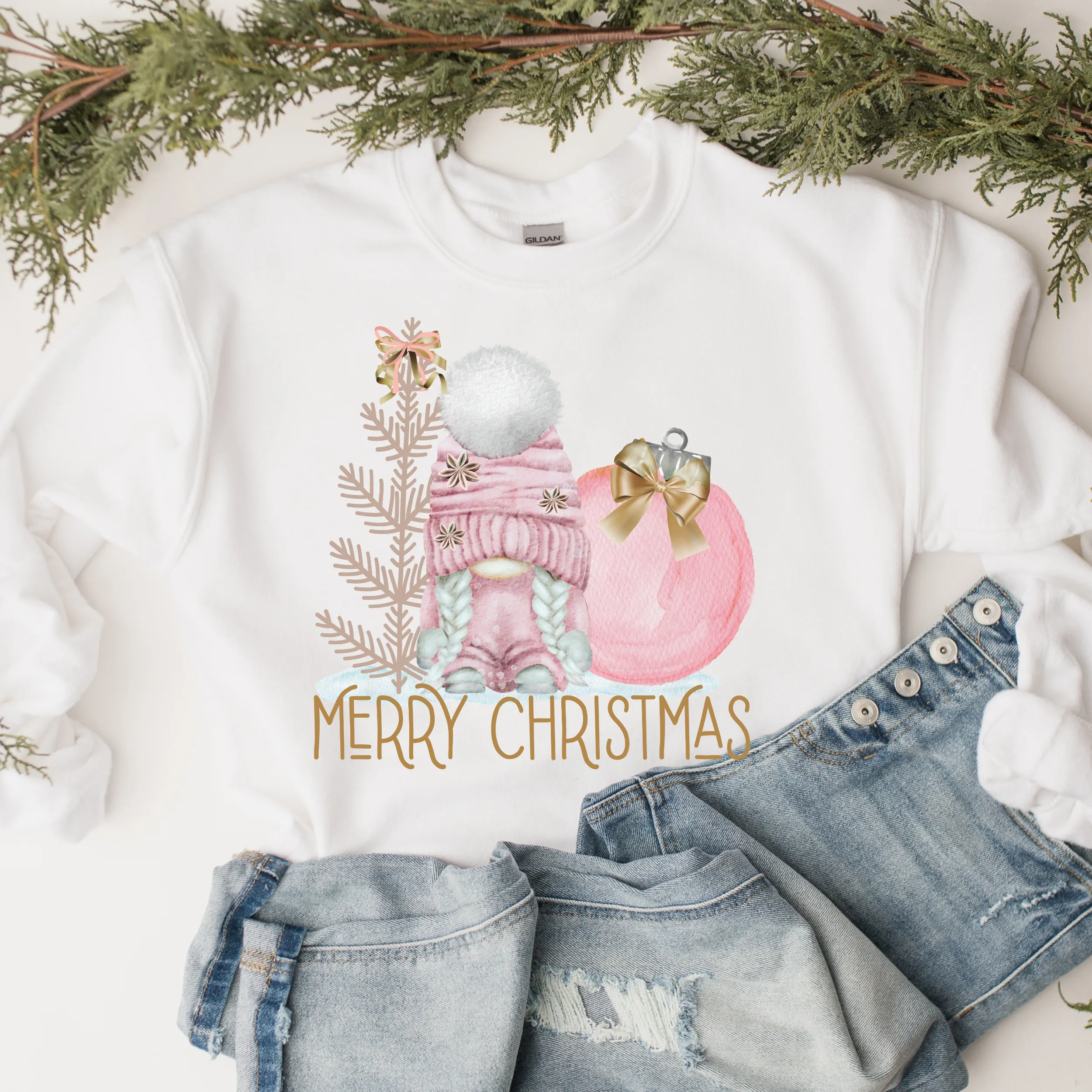 Merry Christmas Crewneck Sweatshirt Women's Pastel Pink Watercolor Gnome White or Ash Grey Cozy Gildan Christmas Pullover