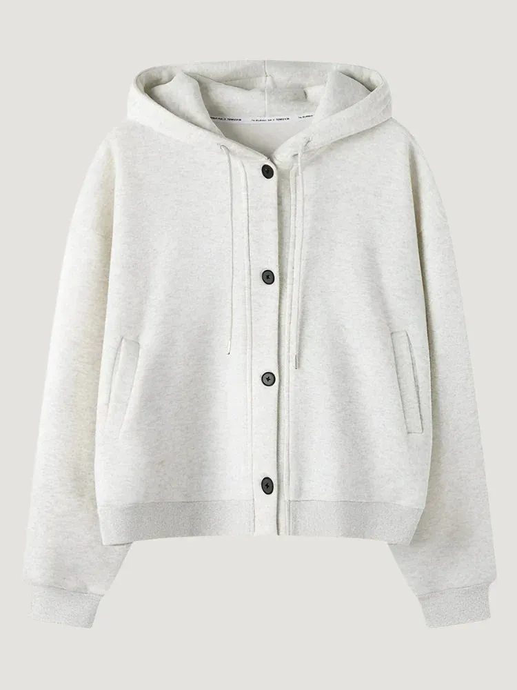 Metaversmall Single Breasted Ins Hoodies Casual Office Ladies White Grey Korean Style Loose Chic Pockets Fashion Autumn Women Hoodies