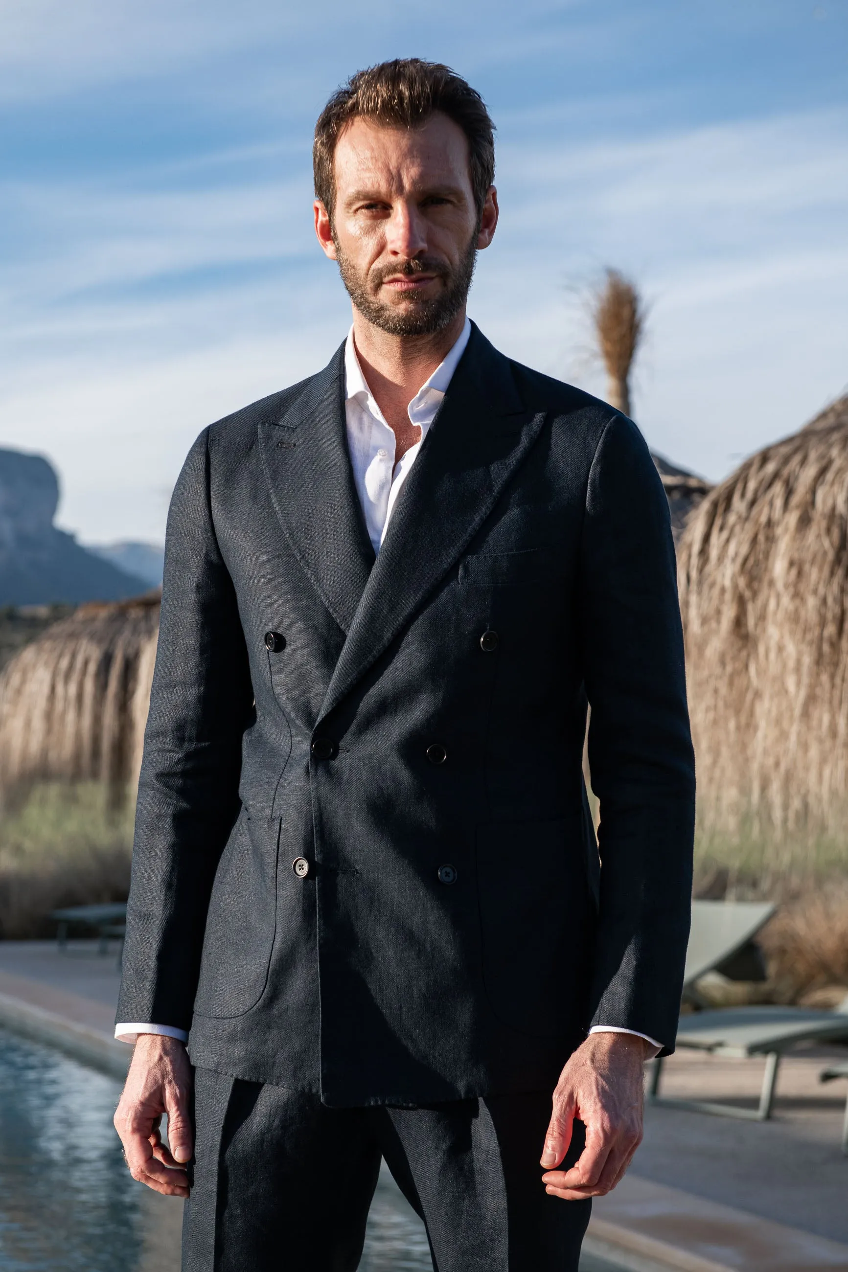 Navy double breasted linen jacket - Made in Italy