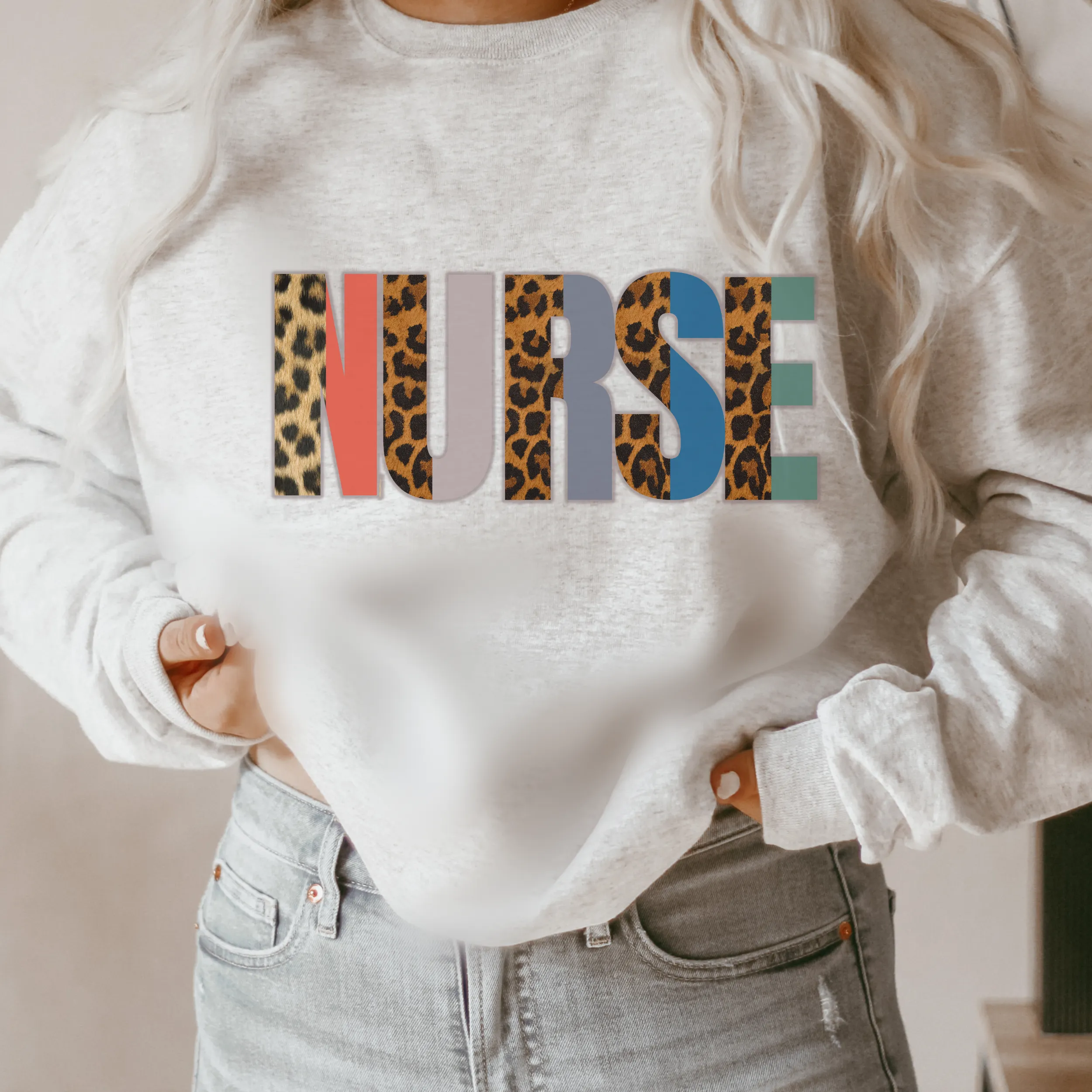 Nurse Sweatshirt, Nurse Shirts, Graduation Gift, Nursing School, Nurses Week Appreciation, RN, Unisex Crewneck Sweatshirt Leopard Letters