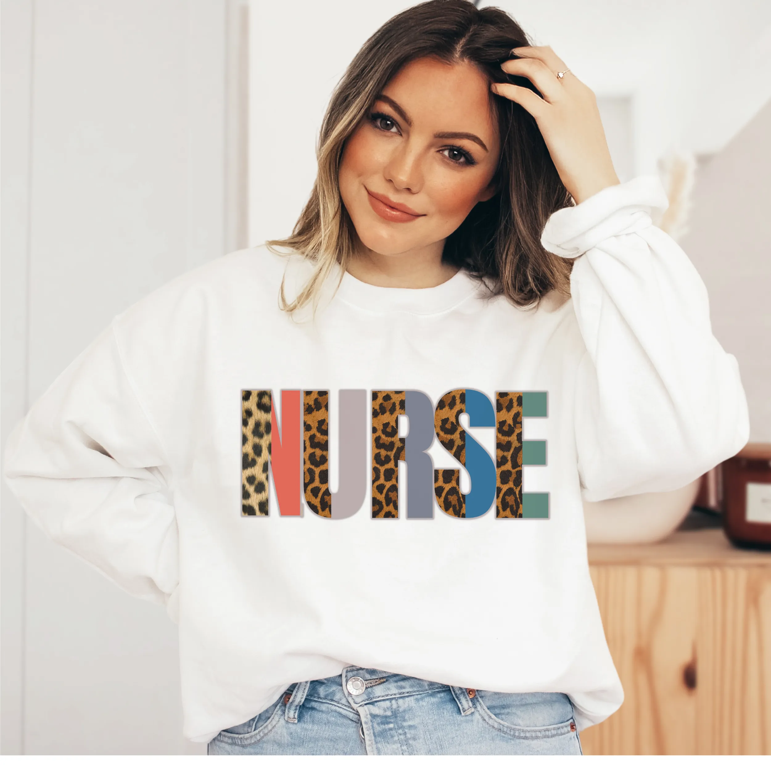 Nurse Sweatshirt, Nurse Shirts, Graduation Gift, Nursing School, Nurses Week Appreciation, RN, Unisex Crewneck Sweatshirt Leopard Letters