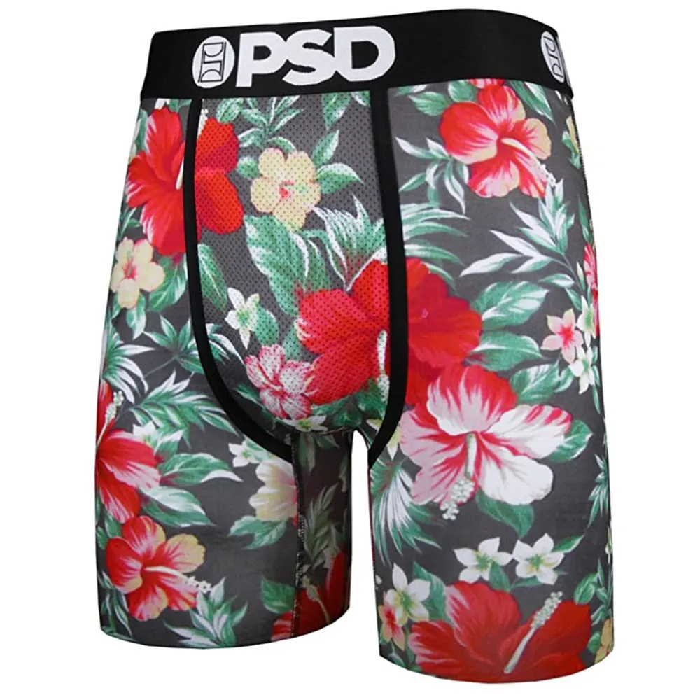 PSD Mens Black  Hawaiian Flowers Allover Print Boxer Briefs Underwear - E21810085-BLK-XL