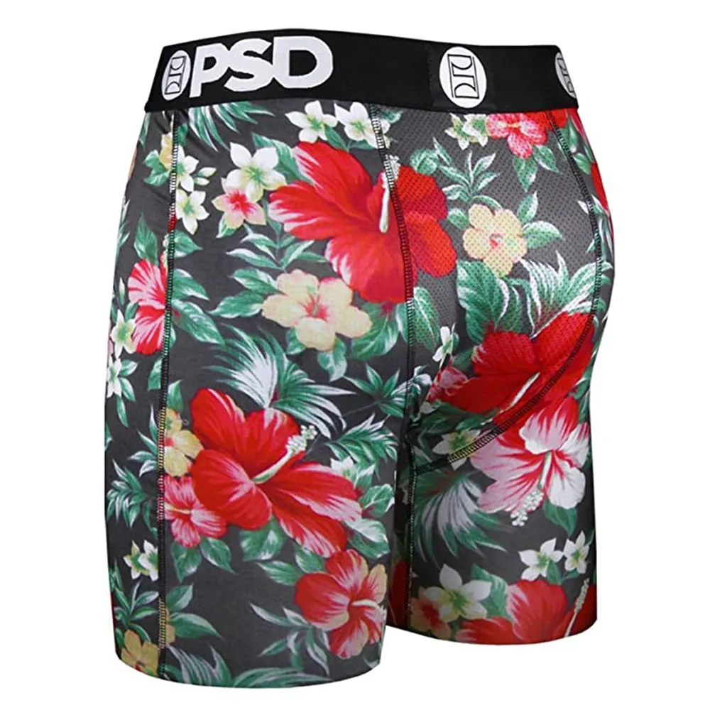 PSD Mens Black  Hawaiian Flowers Allover Print Boxer Briefs Underwear - E21810085-BLK-XL