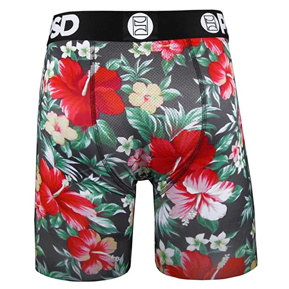 PSD Mens Black  Hawaiian Flowers Allover Print Boxer Briefs Underwear - E21810085-BLK-XL