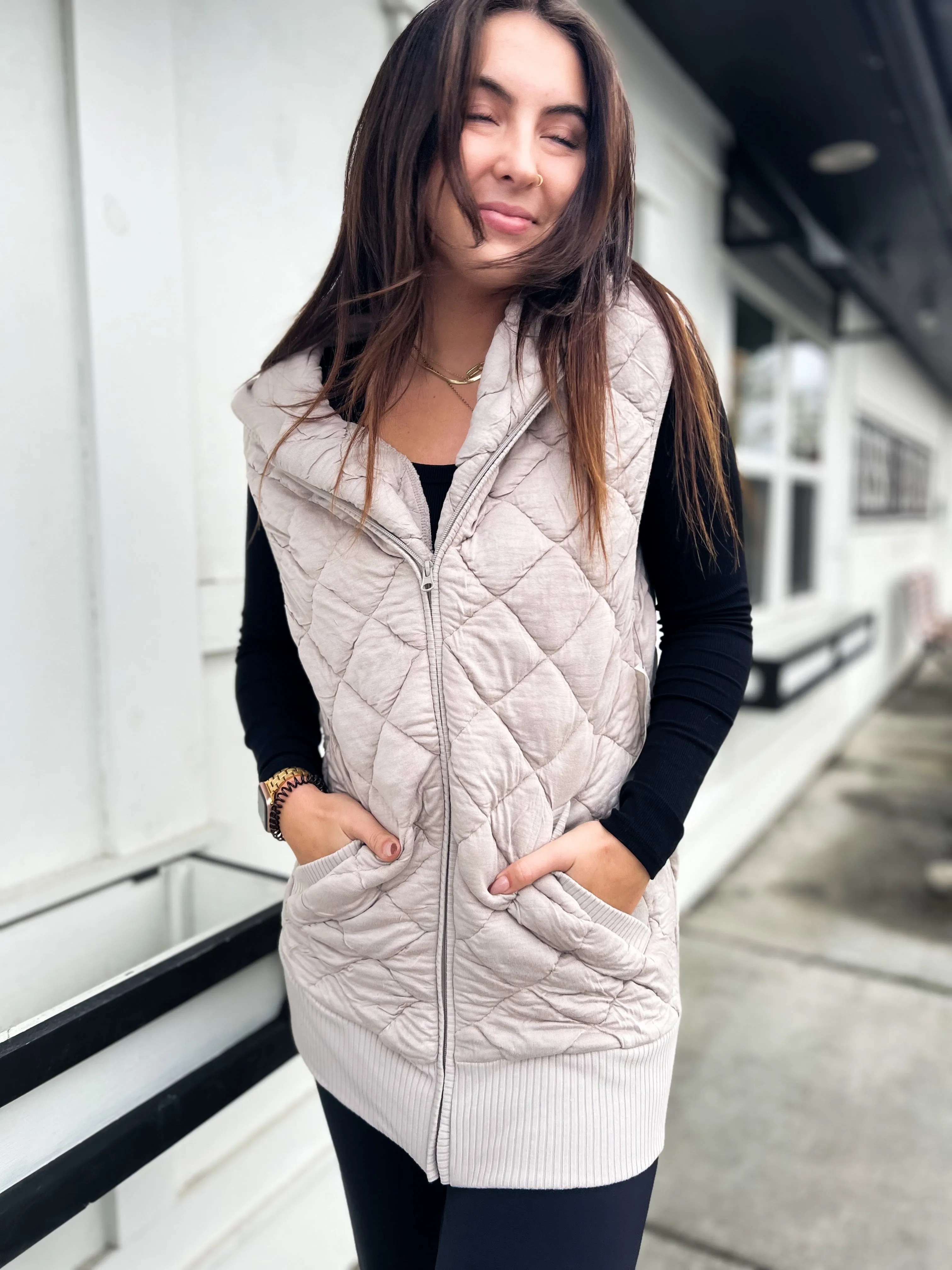 Real Connections Quilted Oversized Vest With Hood- Taupe