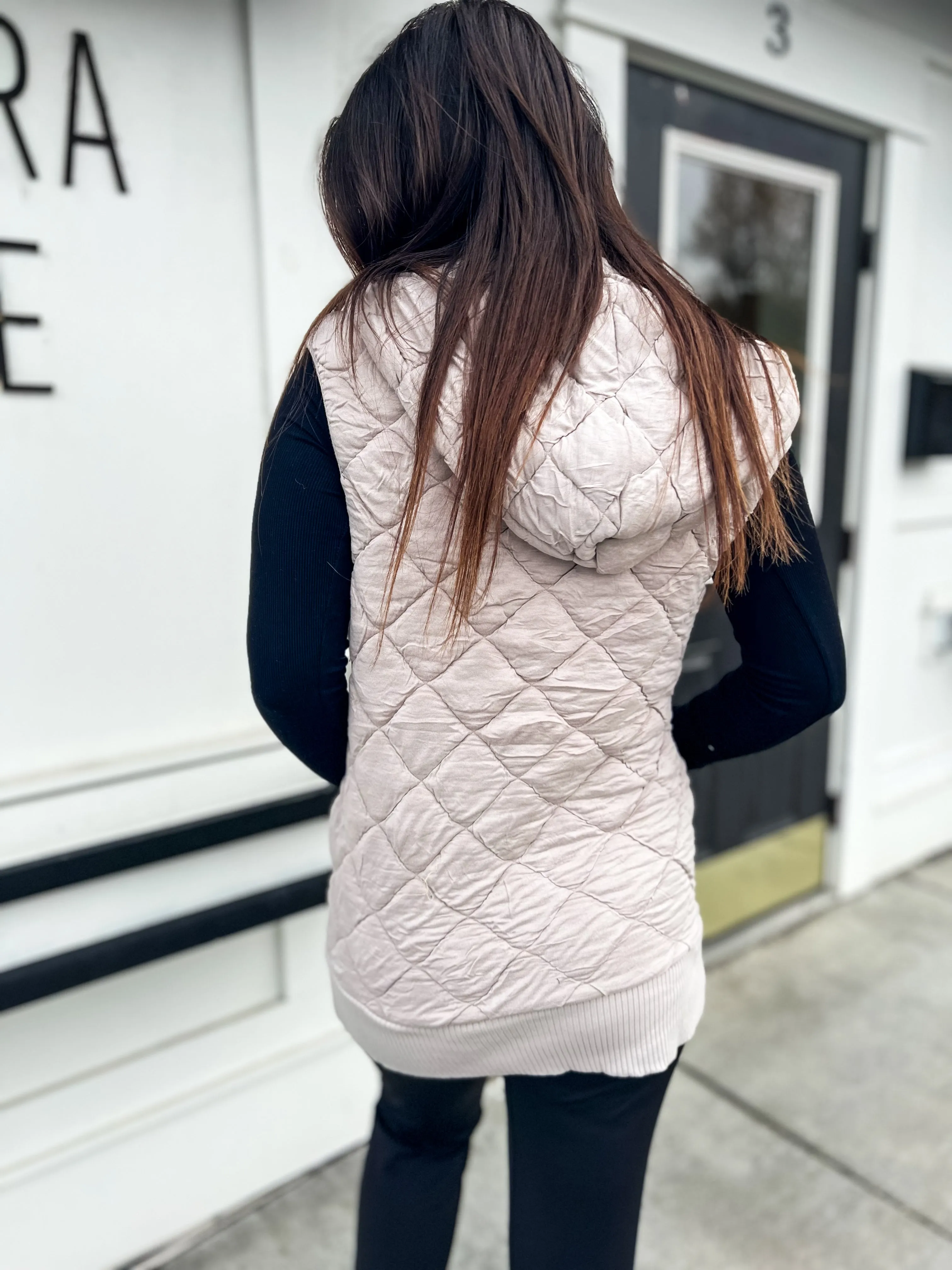 Real Connections Quilted Oversized Vest With Hood- Taupe