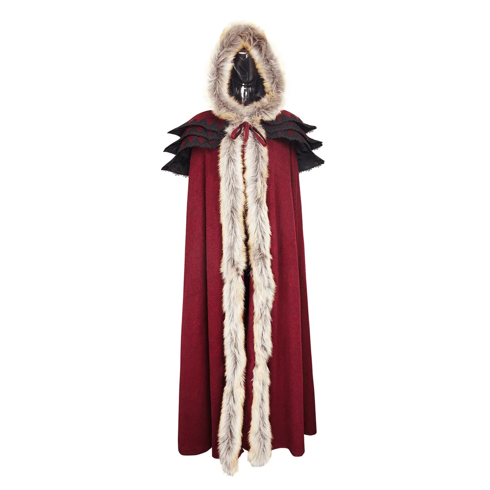 Regal Wine Red Gothic Cloak with Faux Fur Collar and Trim