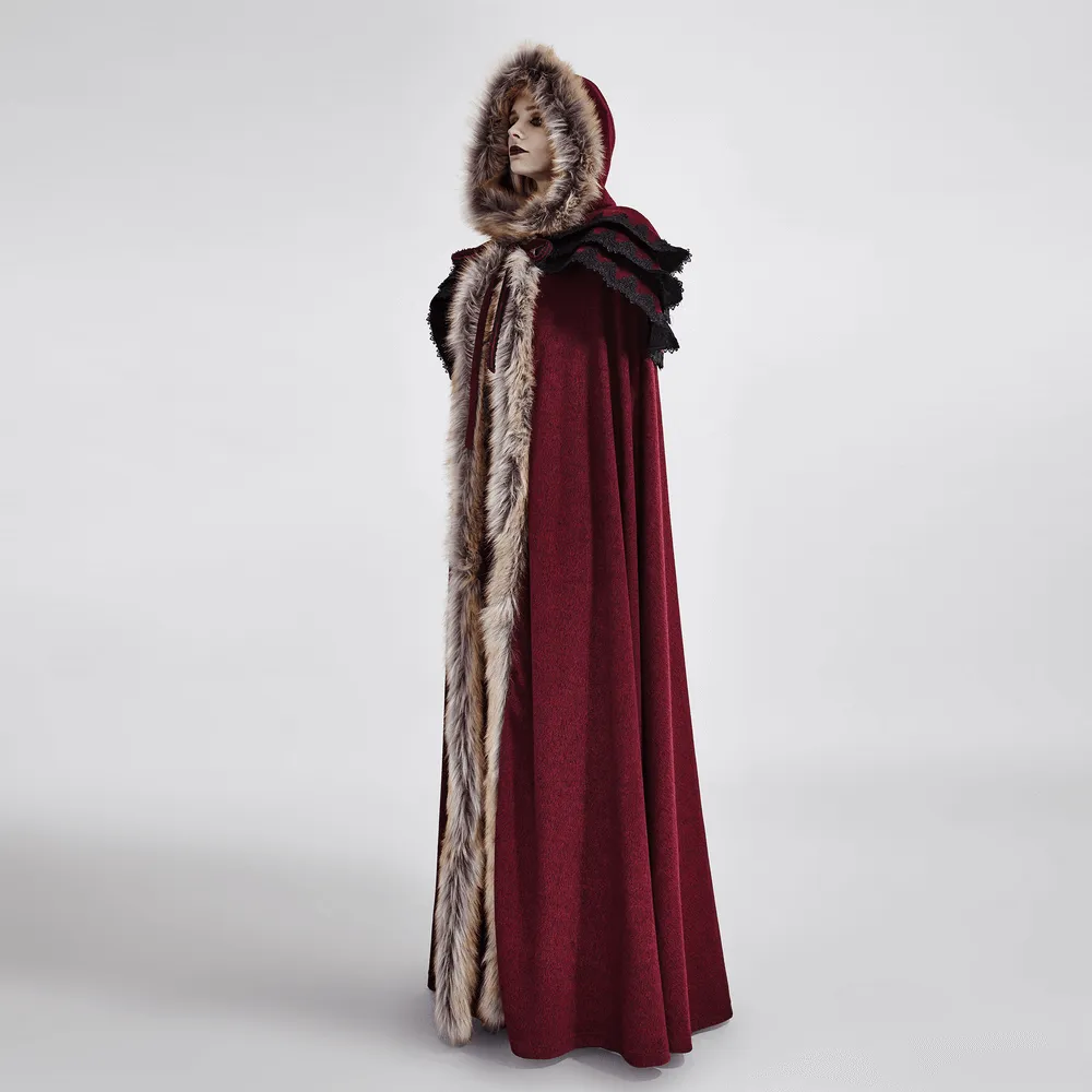 Regal Wine Red Gothic Cloak with Faux Fur Collar and Trim