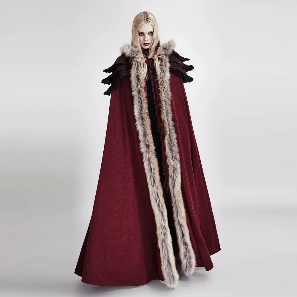 Regal Wine Red Gothic Cloak with Faux Fur Collar and Trim