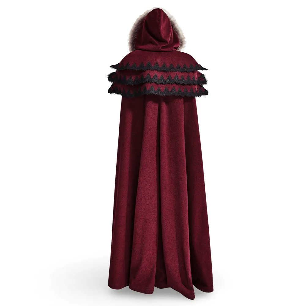 Regal Wine Red Gothic Cloak with Faux Fur Collar and Trim