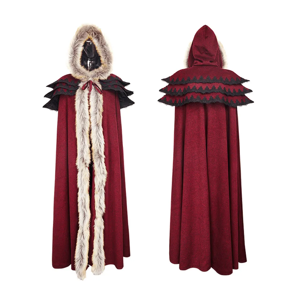 Regal Wine Red Gothic Cloak with Faux Fur Collar and Trim