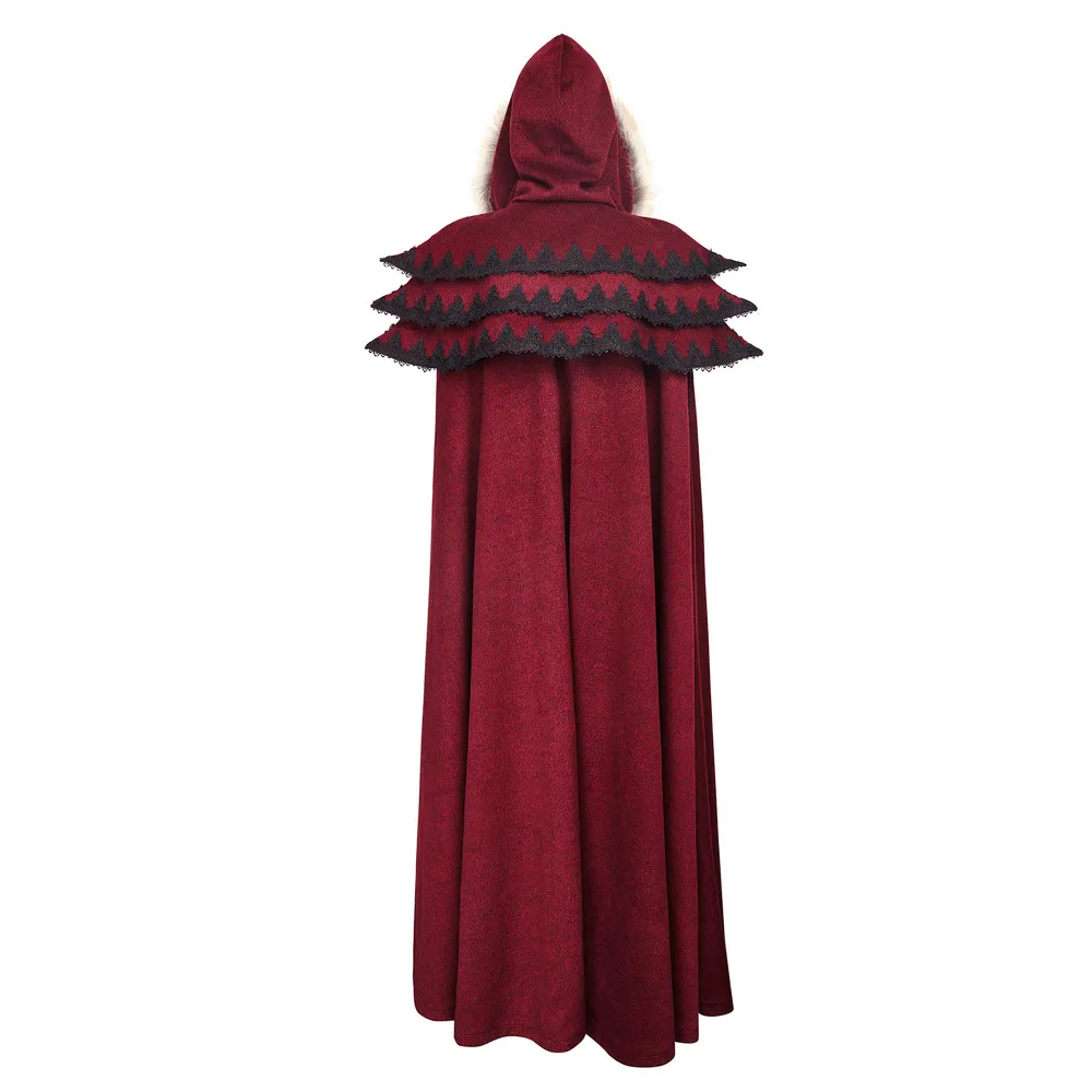 Regal Wine Red Gothic Cloak with Faux Fur Collar and Trim