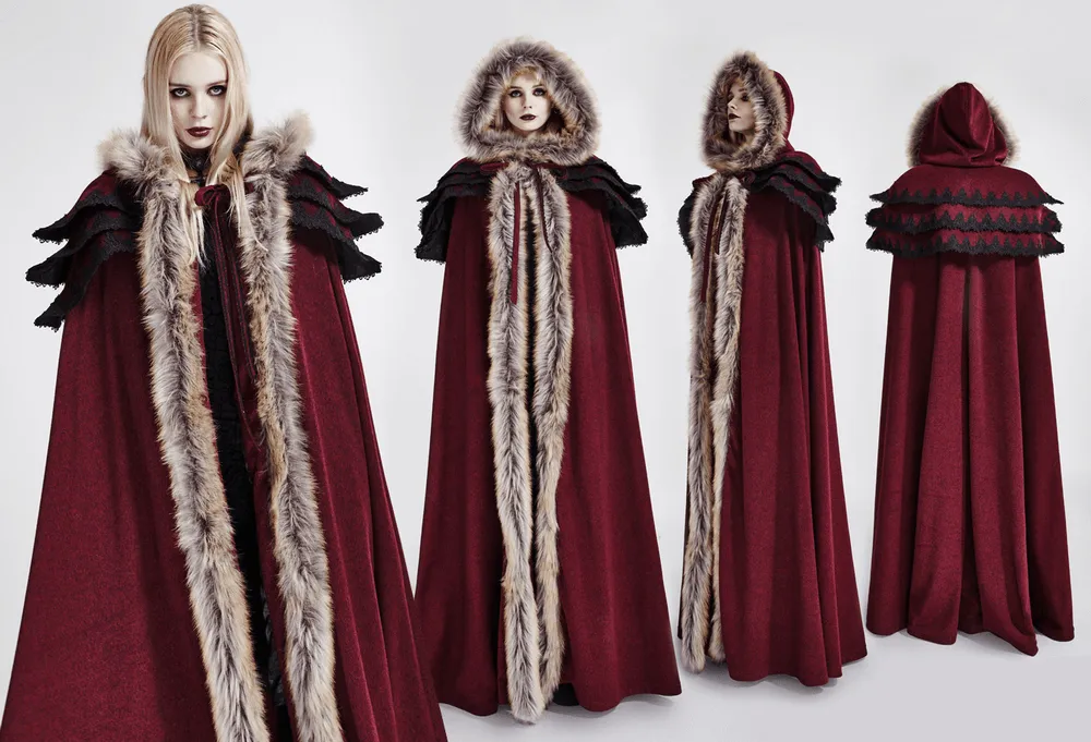 Regal Wine Red Gothic Cloak with Faux Fur Collar and Trim