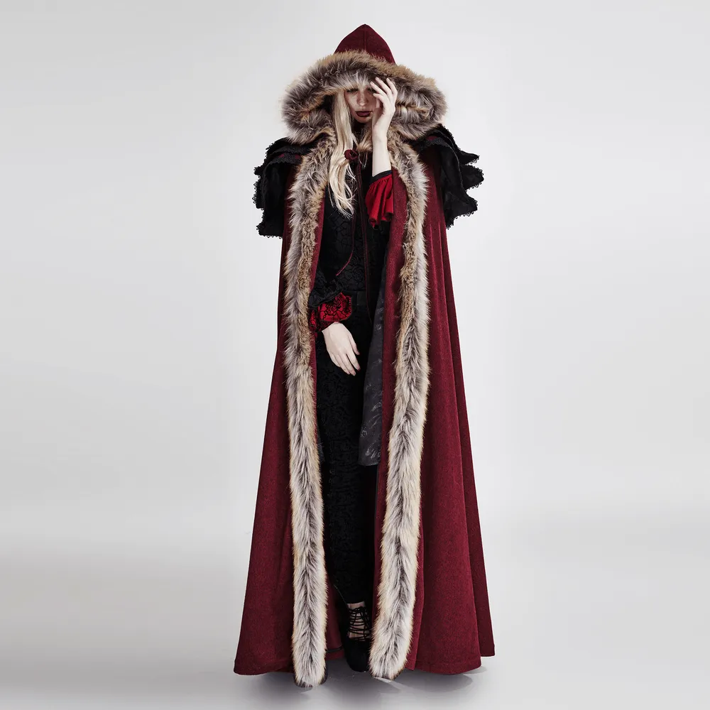 Regal Wine Red Gothic Cloak with Faux Fur Collar and Trim