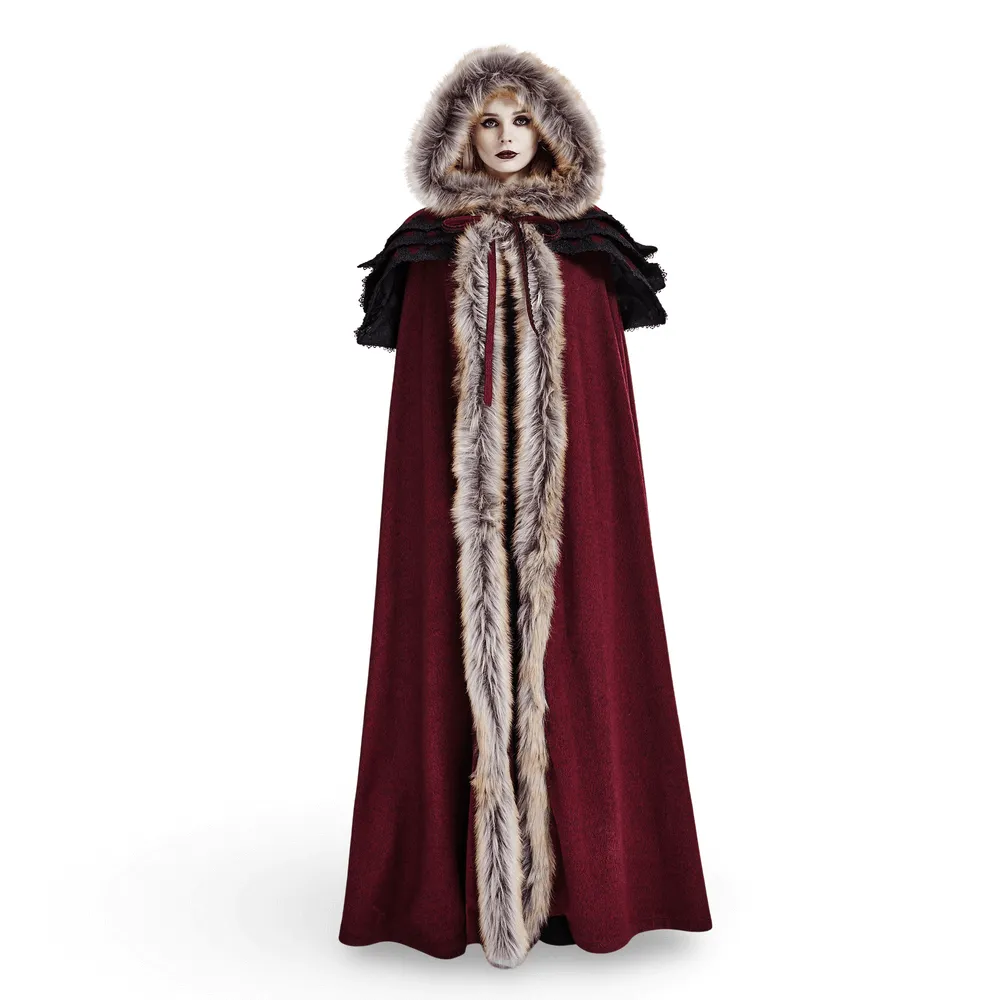 Regal Wine Red Gothic Cloak with Faux Fur Collar and Trim