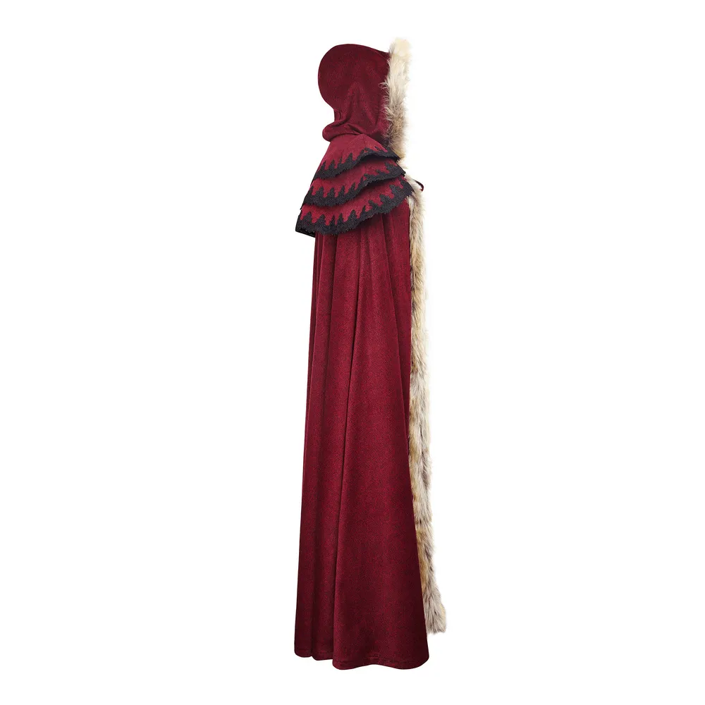 Regal Wine Red Gothic Cloak with Faux Fur Collar and Trim