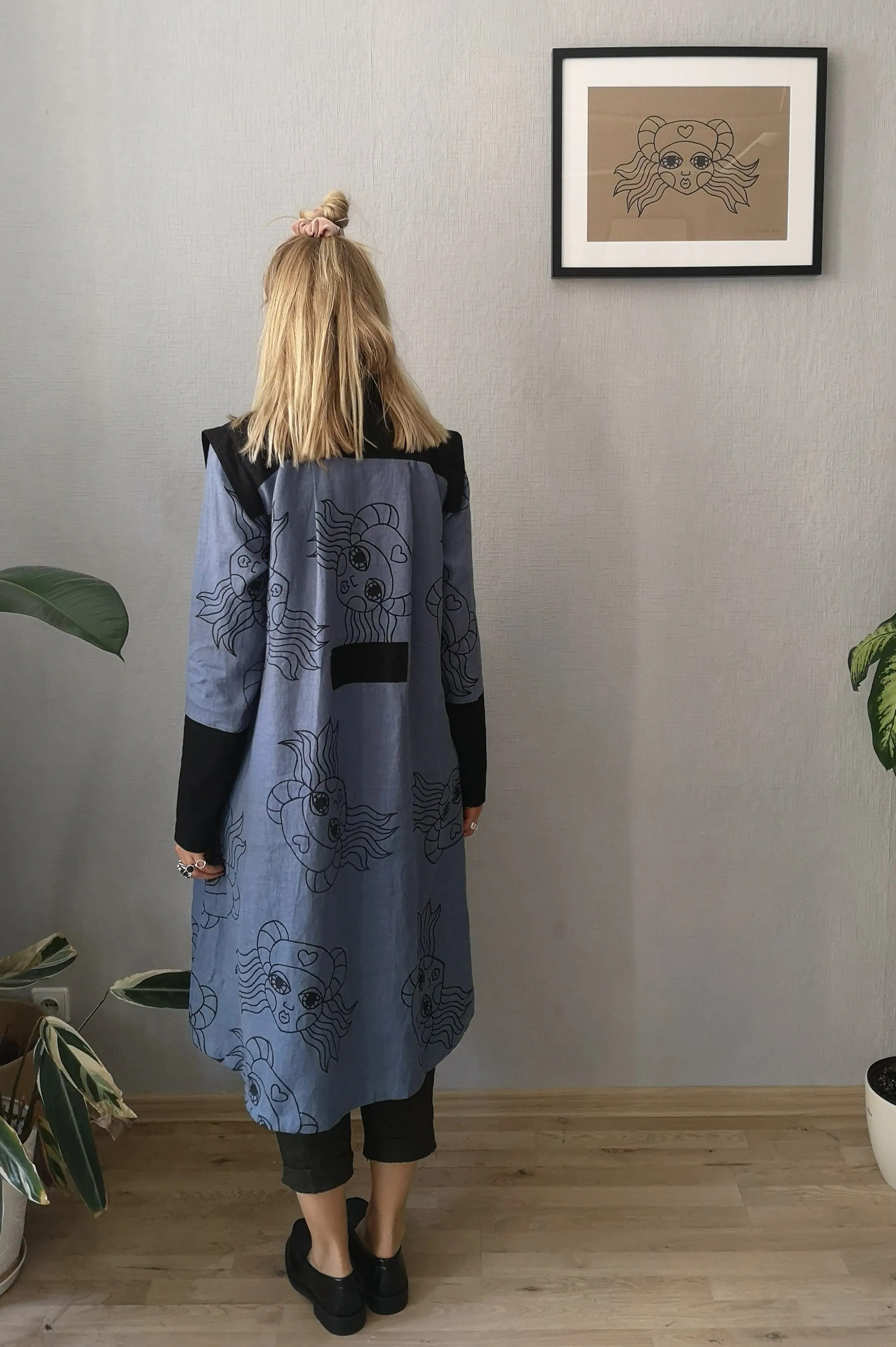 Rosa Perks - Space Warrior Princess Heroine Shirt Dress in Pigeon Blue Linen and Black Handprinted Lāčplēsene print with black details