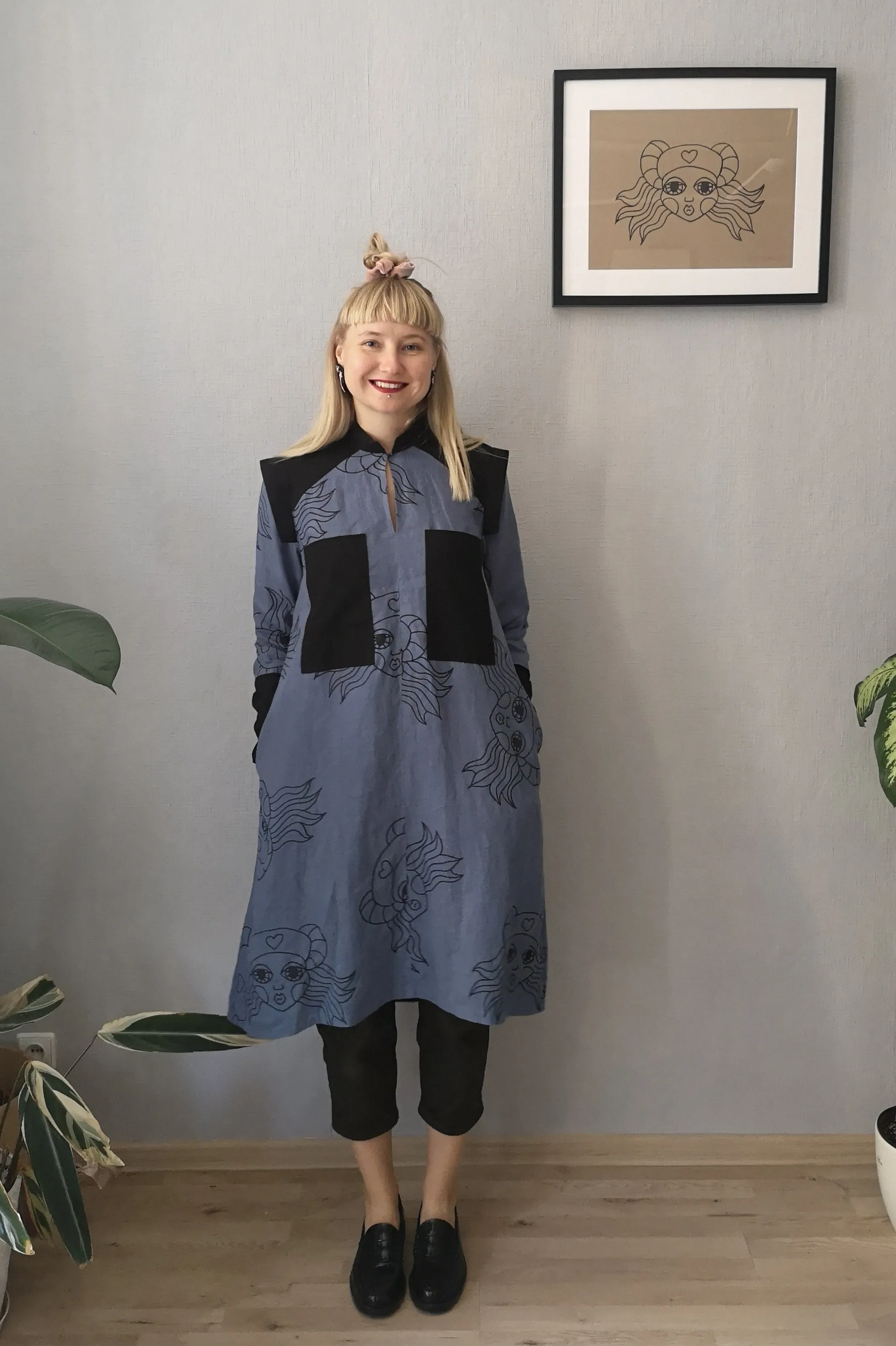 Rosa Perks - Space Warrior Princess Heroine Shirt Dress in Pigeon Blue Linen and Black Handprinted Lāčplēsene print with black details