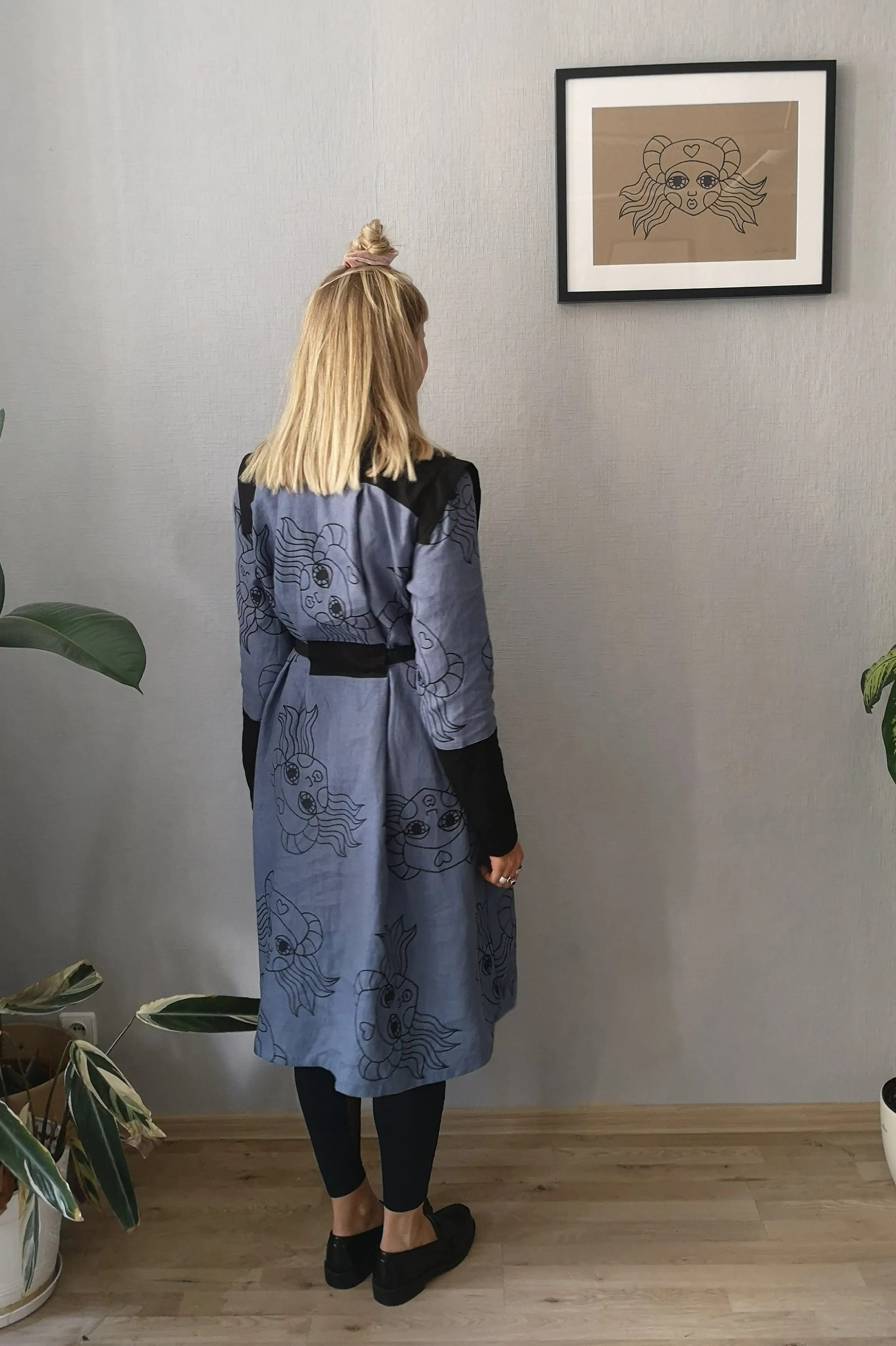 Rosa Perks - Space Warrior Princess Heroine Shirt Dress in Pigeon Blue Linen and Black Handprinted Lāčplēsene print with black details