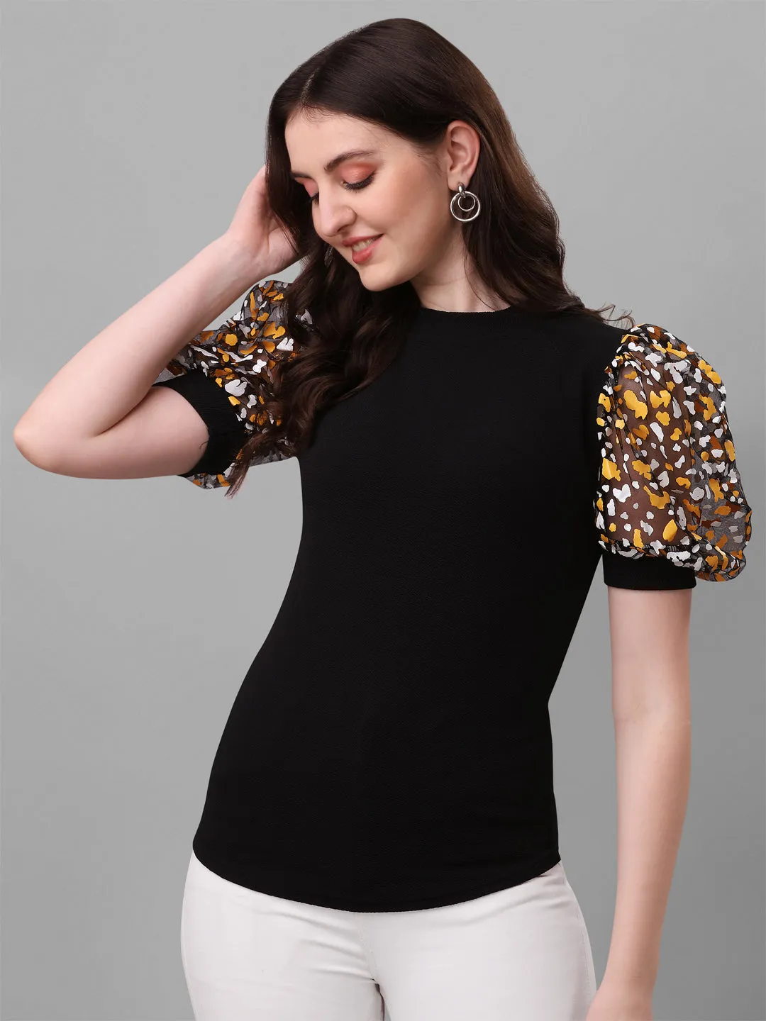 Self Design Round Neck Puff Sleeves Printed Women Black Top