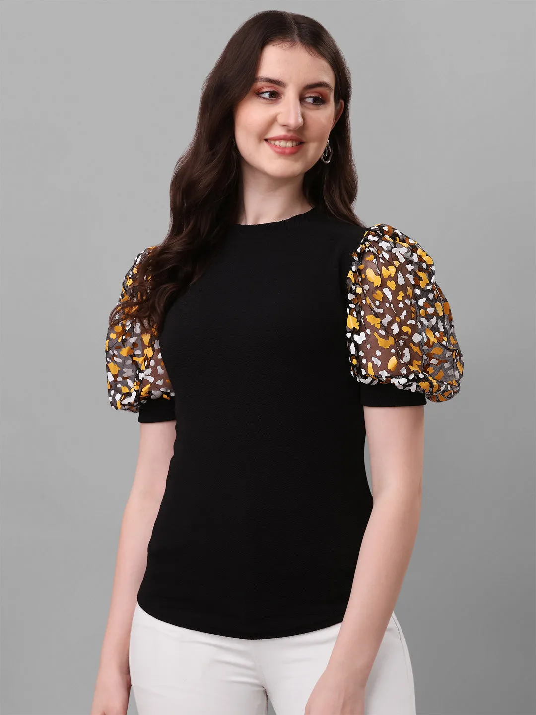 Self Design Round Neck Puff Sleeves Printed Women Black Top