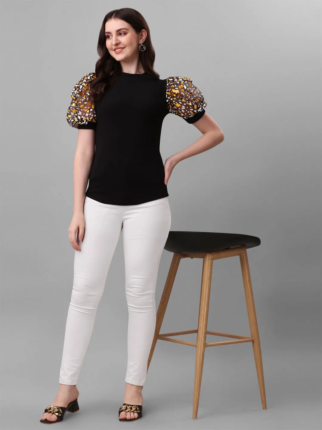 Self Design Round Neck Puff Sleeves Printed Women Black Top