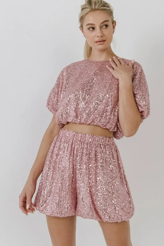 Sequin Puff Sleeve Crop Top