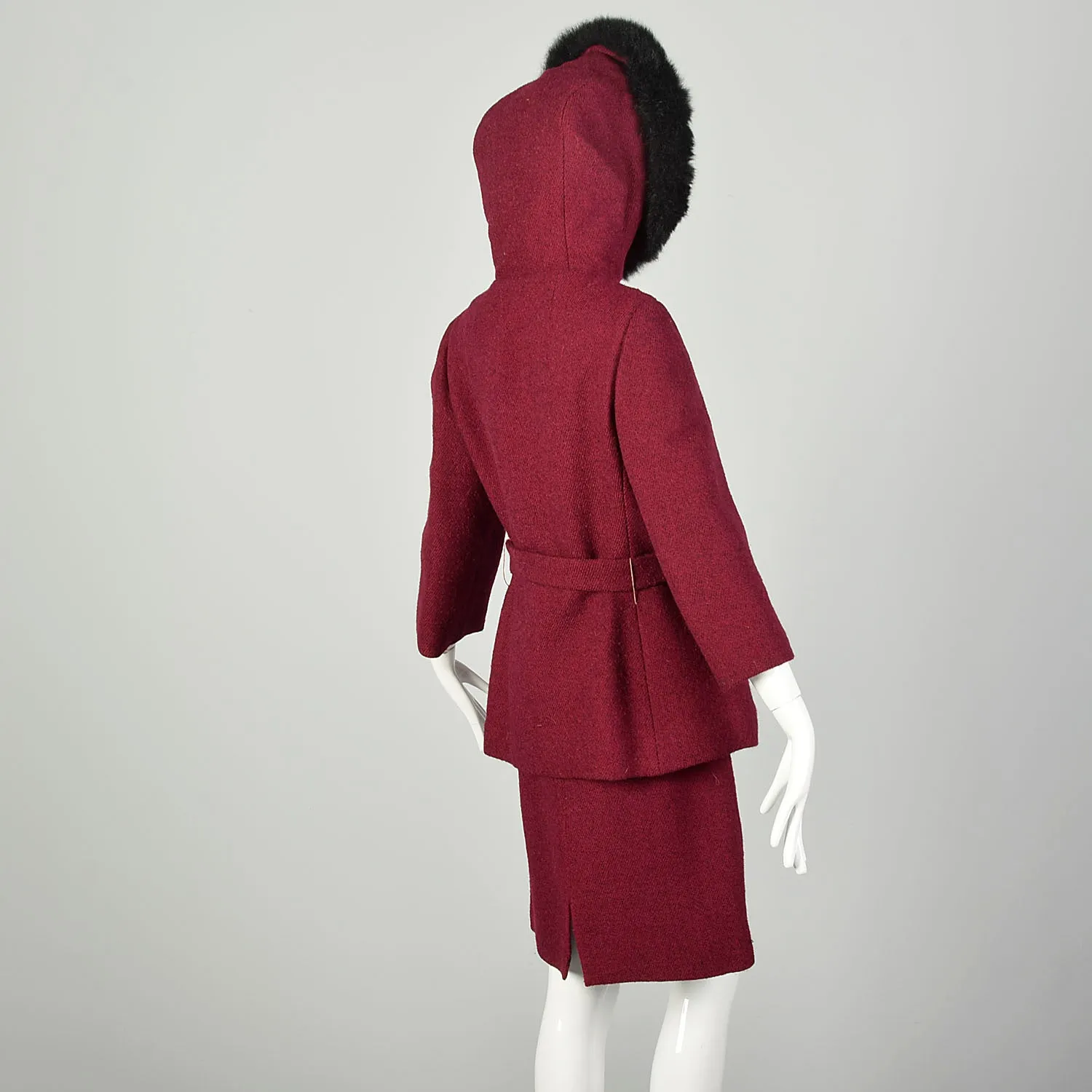 Small 1970s Raspberry Pencil Skirt Winter Coat Tweed Winter Ensemble