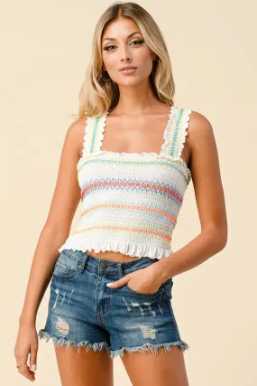 Soft White Multi Color Smocked Crop Top