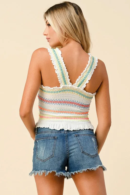 Soft White Multi Color Smocked Crop Top