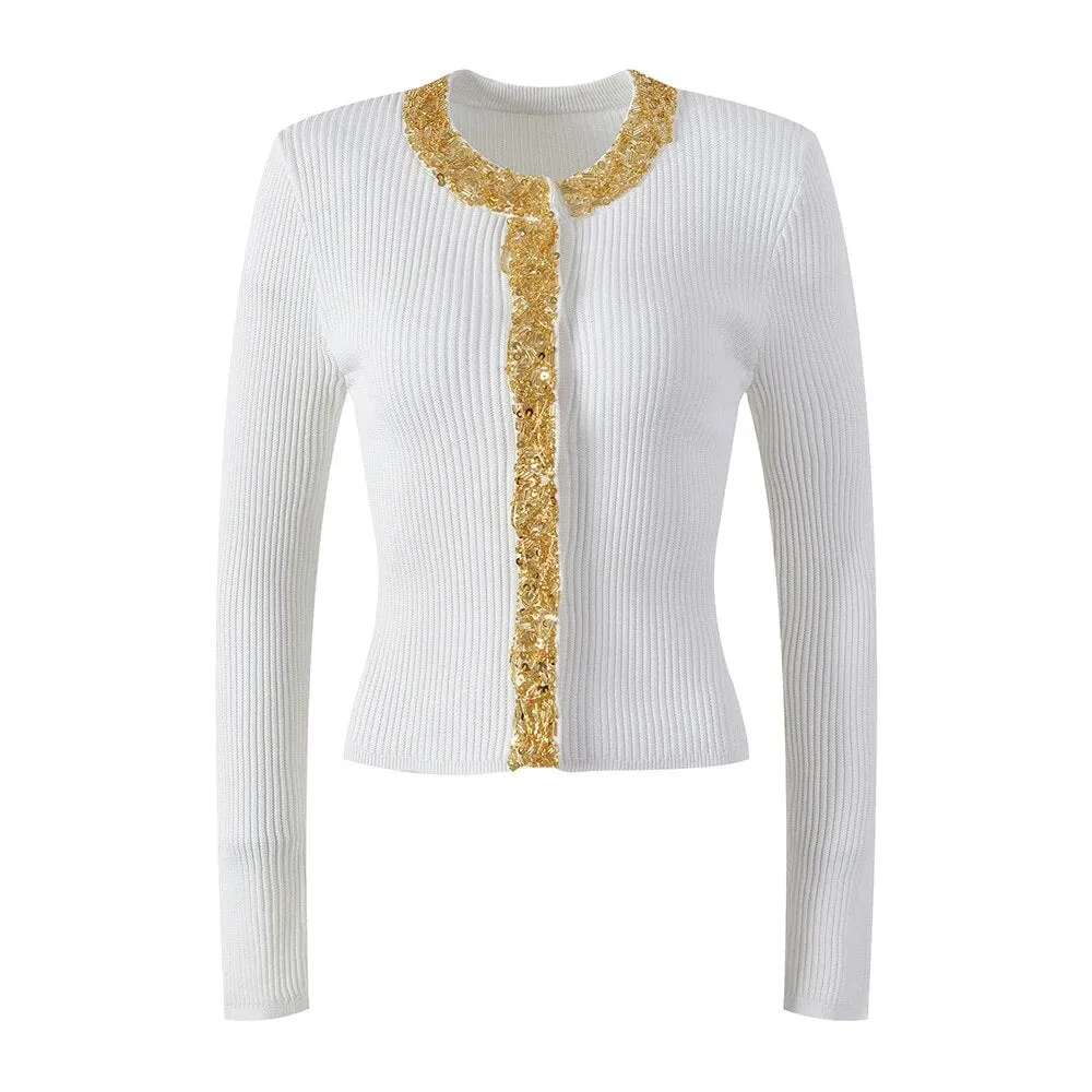 Solid Patchwork Sequins Knitting Sweaters For Women Round Neck Long Sleeves Slimming Sweater Female Fashion