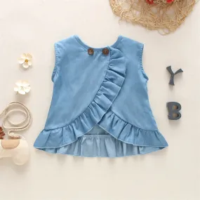 Summer New Baby Top Simple Blue Girls' Top Korean Style Sweet Children's Sleeveless Clothes (0-3 Years Old)