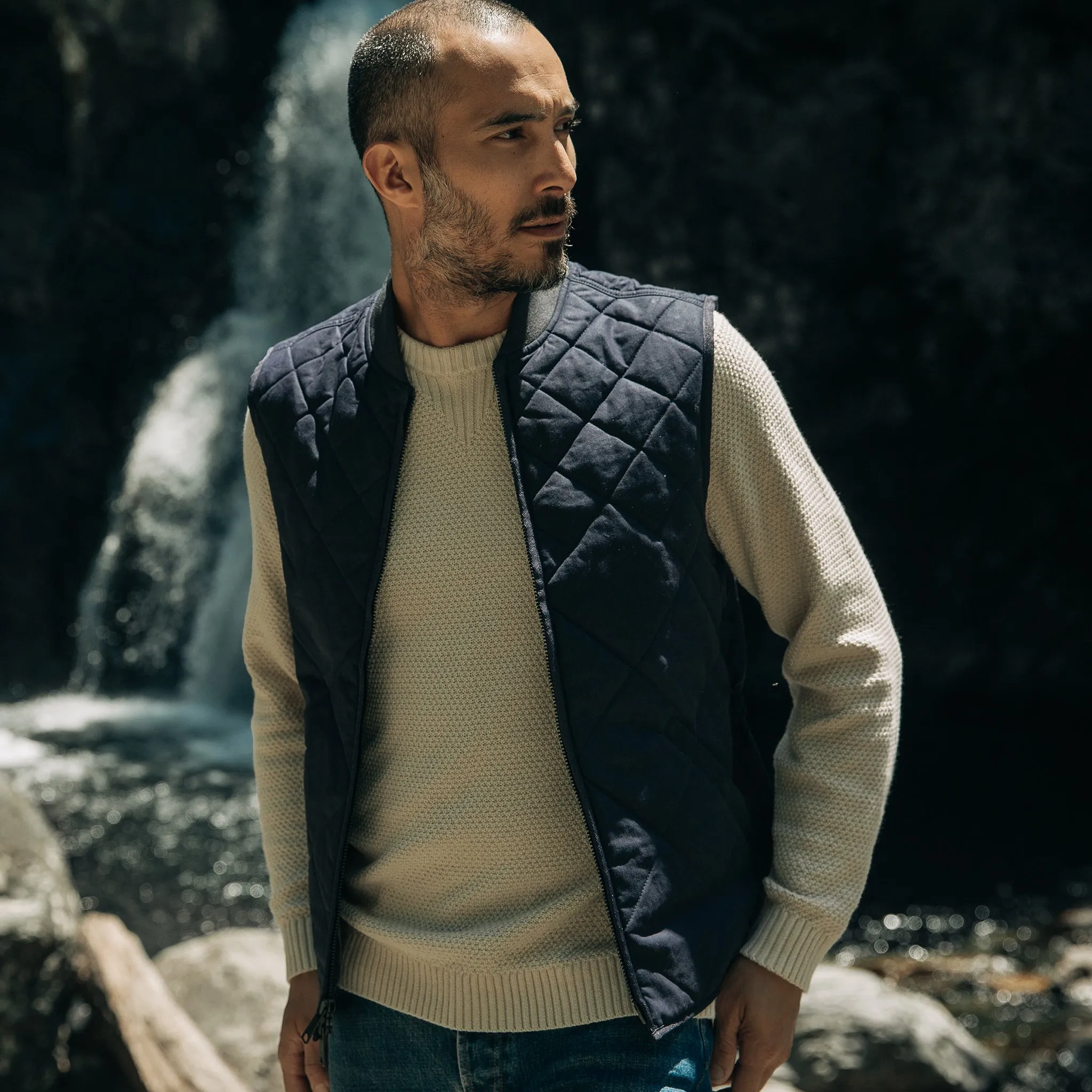 The Quilted Bomber Vest in Navy Dry Wax