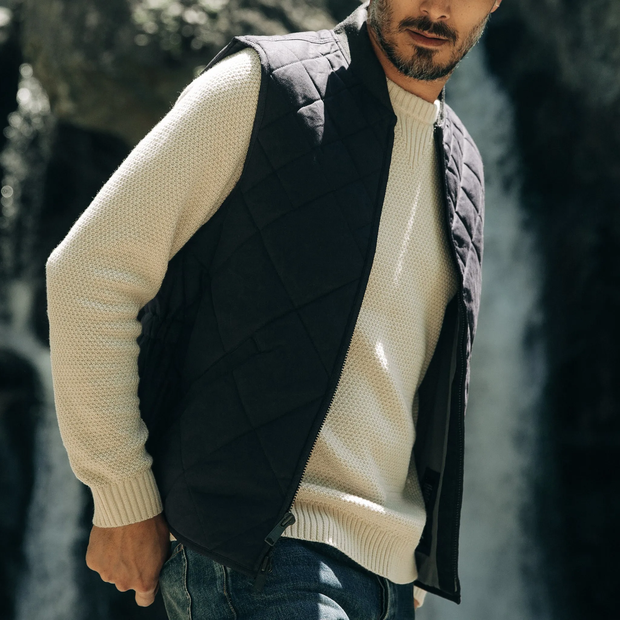 The Quilted Bomber Vest in Navy Dry Wax