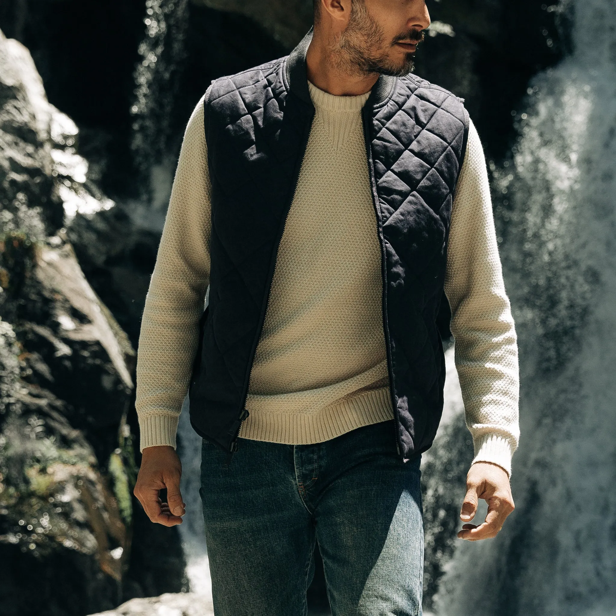 The Quilted Bomber Vest in Navy Dry Wax